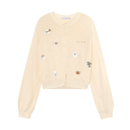 Dog Embroidery Crew Neck Knit Cardigan