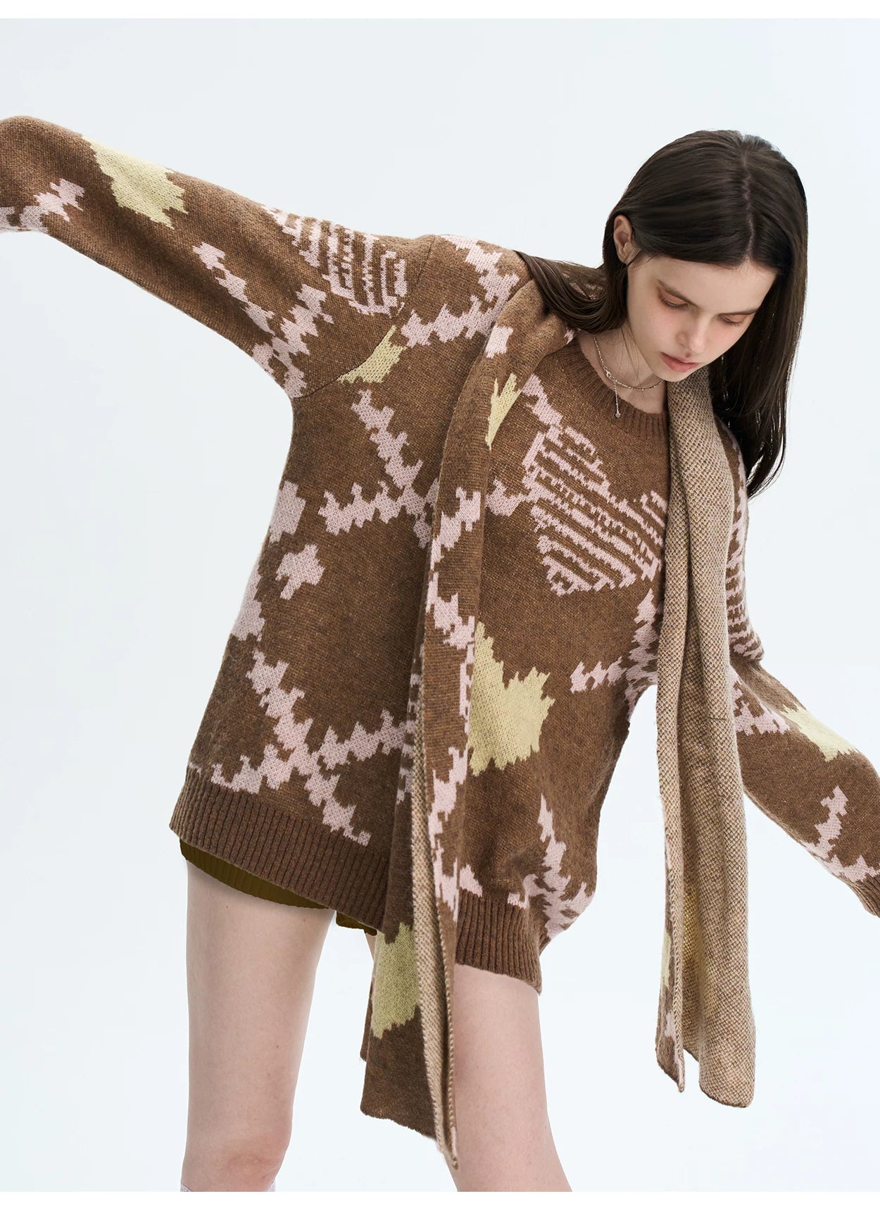 Retro Pixel Jacquard Knit Sweater &amp; Scarf Set