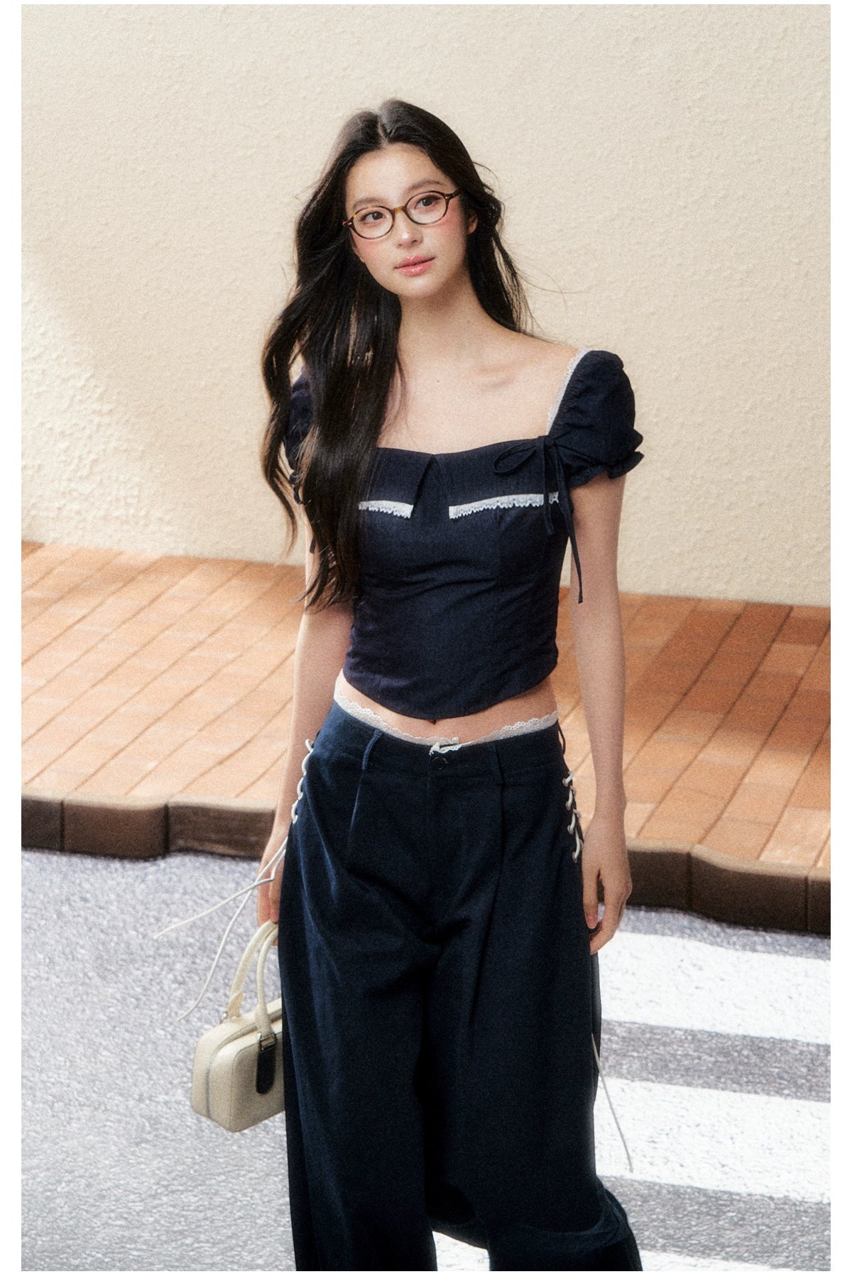 Midnight Square-Neck Puff Sleeve Crop Blouse - CHINASQUAD