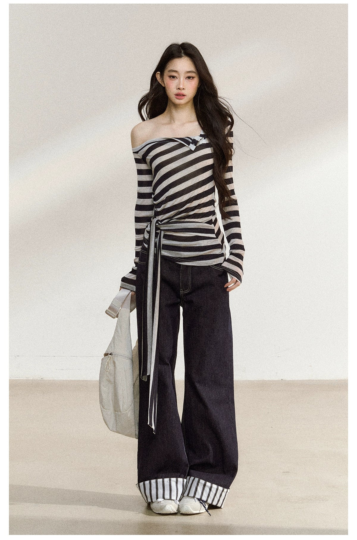 Asymmetric Stripe Off-Shoulder Tie Blouse