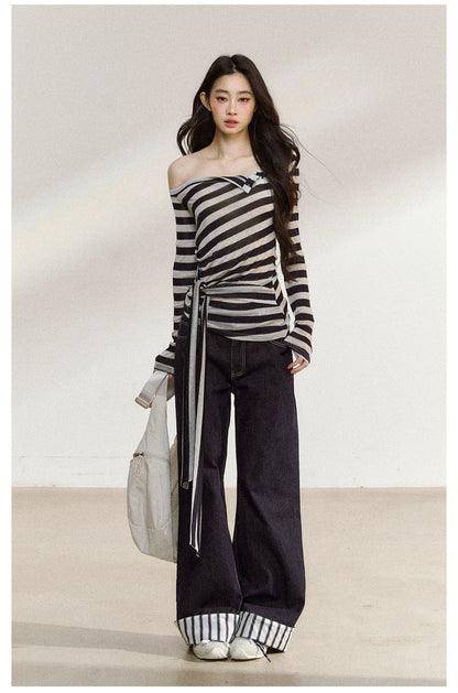 Asymmetric Stripe Off-Shoulder Tie Blouse