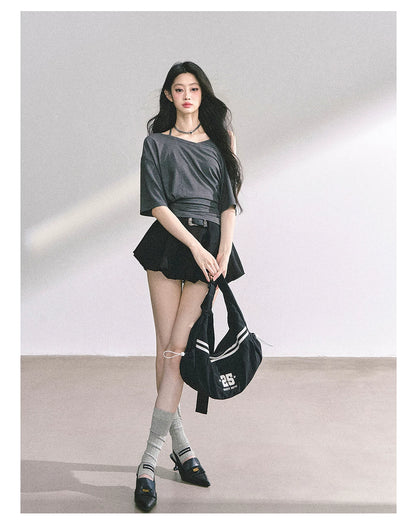 Asymmetric Short-Sleeve Halter Crop T-Shirt