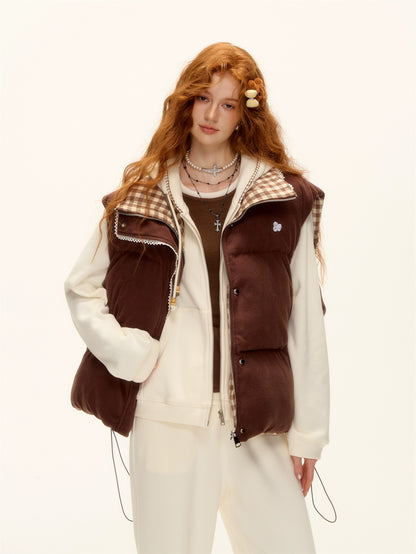Reversible Plaid Lace-Trim Padded Vest