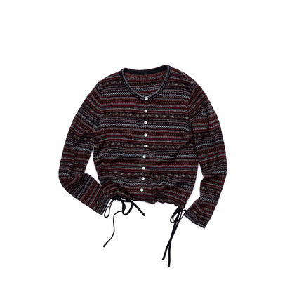 Fair Isle Pony Jacquard Drawstring Knit Cardigan