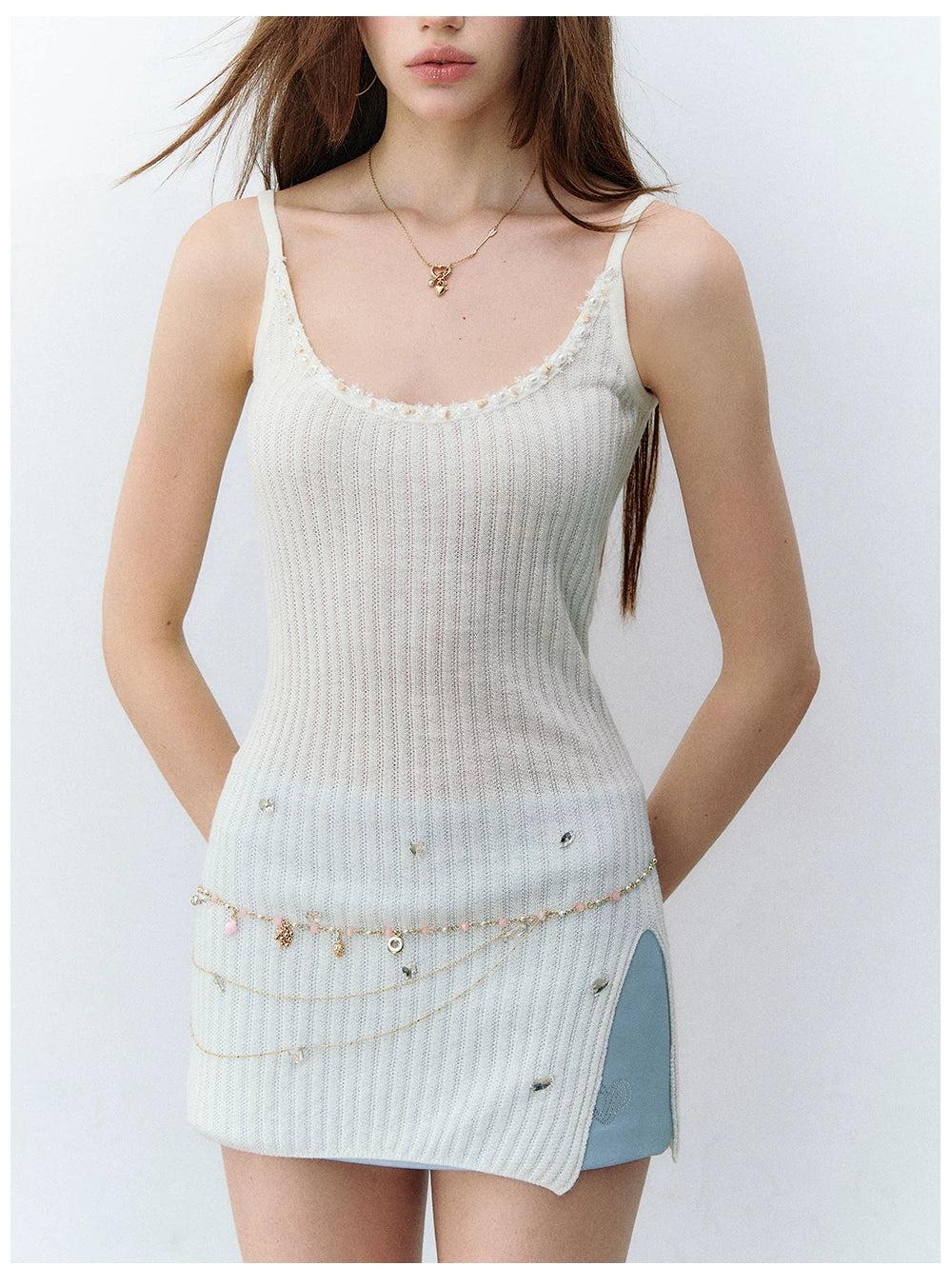 Crystal-Embellished Ribbed Knit Side-Slit Camisole Dress
