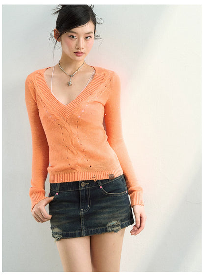 Distressed Openwork V-Neck Knit Top