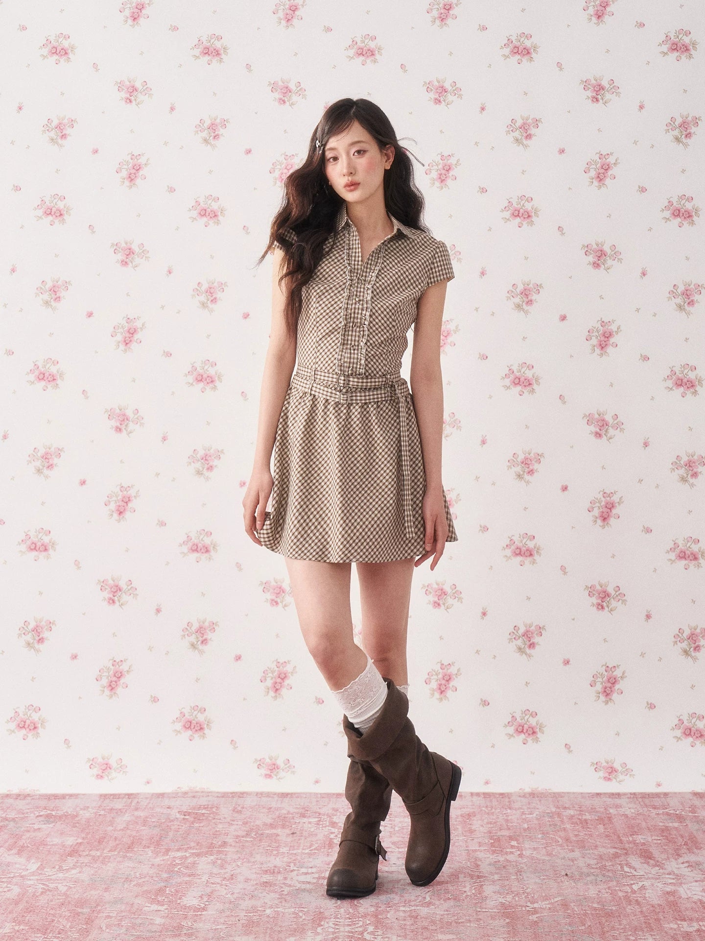 Ruffle Collar Plaid Shirt Dress