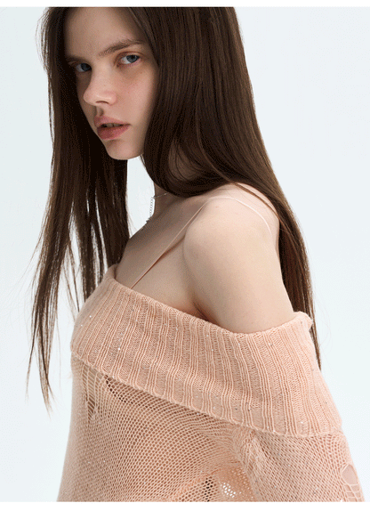Off-Shoulder Sequin Cut-Out Knit Top
