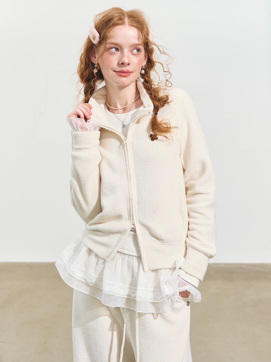 Plush Terry Fleece High-Neck Zip-up Sweatshirt &amp; Banana Pants Set