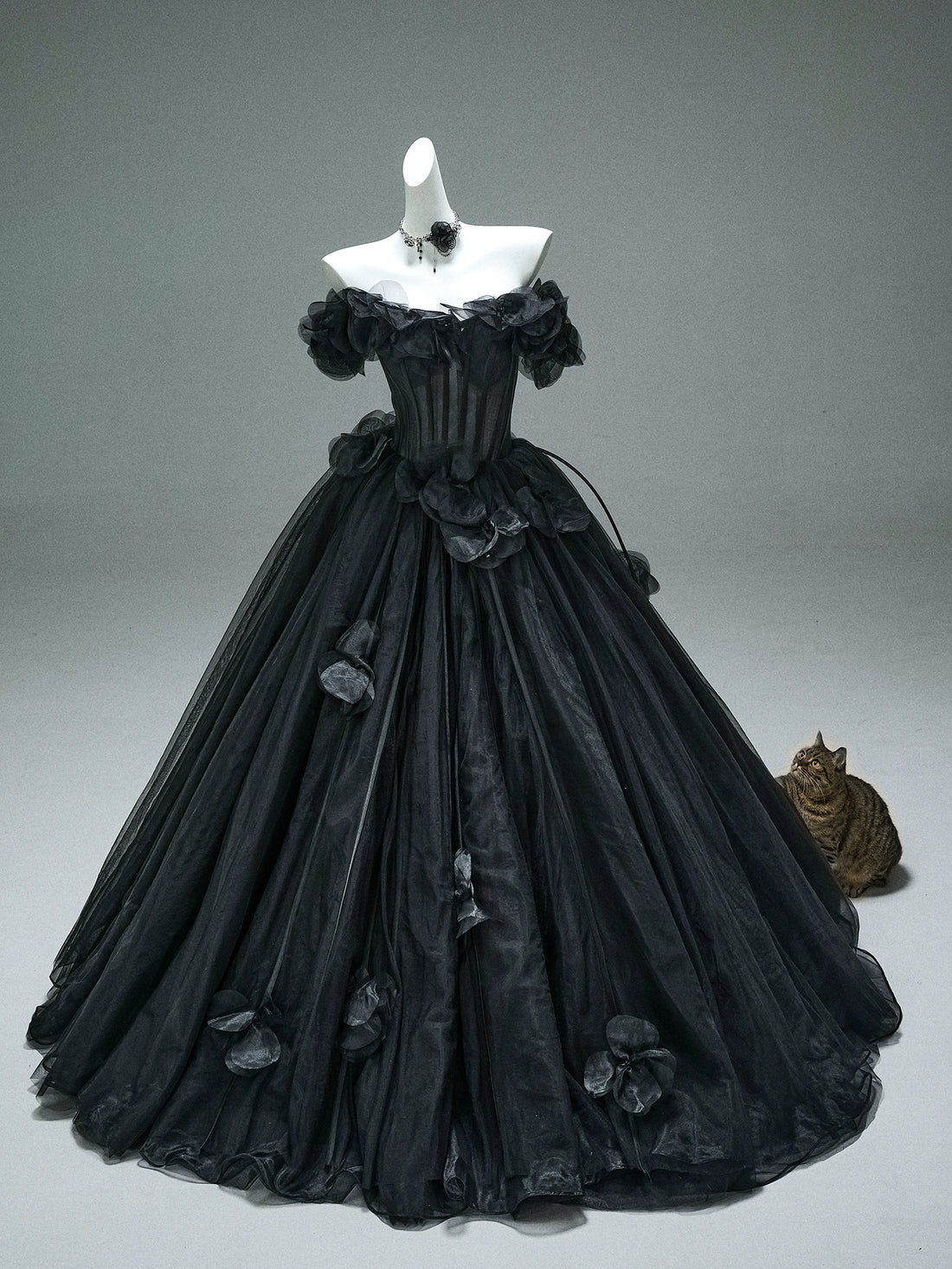 Nightfall Black Tulle Ball Gown with Floral Accents