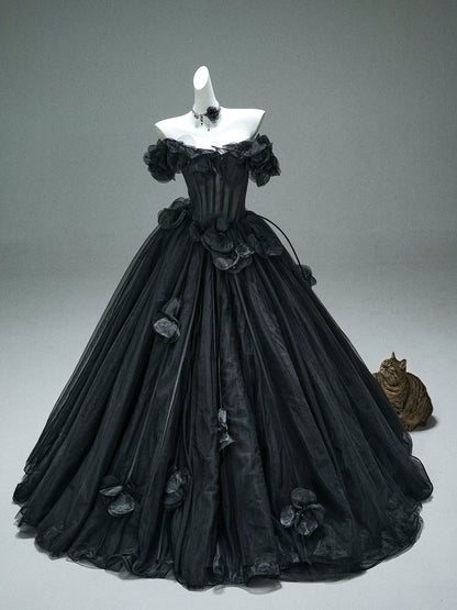 Nightfall Black Tulle Ball Gown with Floral Accents