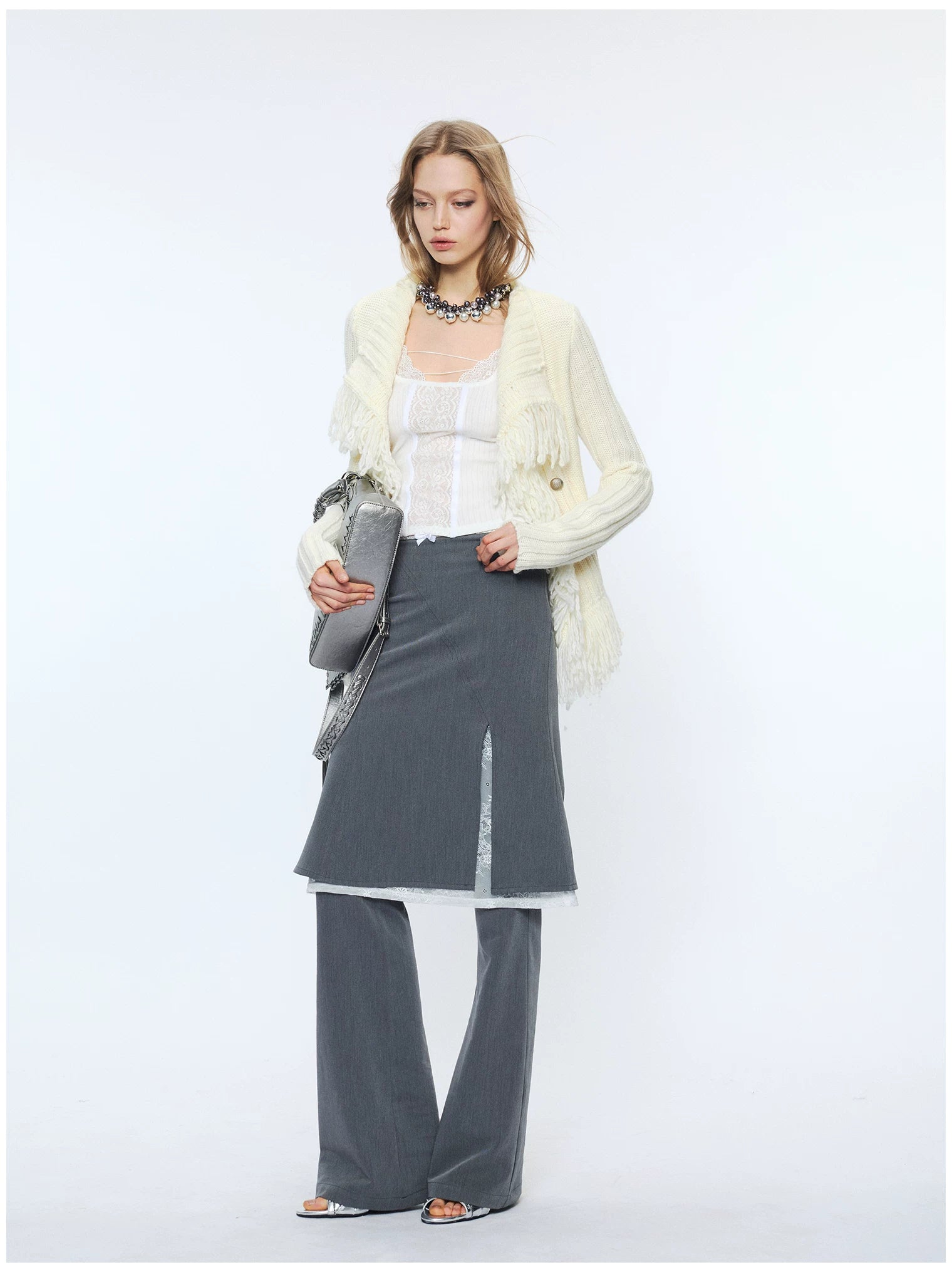 Lace Waist Bow Flared Skirt Pants
