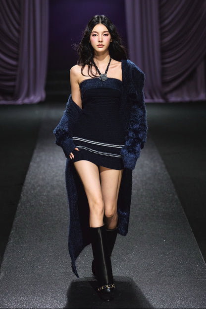 Contrast Knit Cardigan &amp; Hand-Crocheted Dress Set
