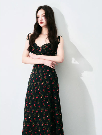 Vintage Floral Tie-Waist A-Line Maxi Dress