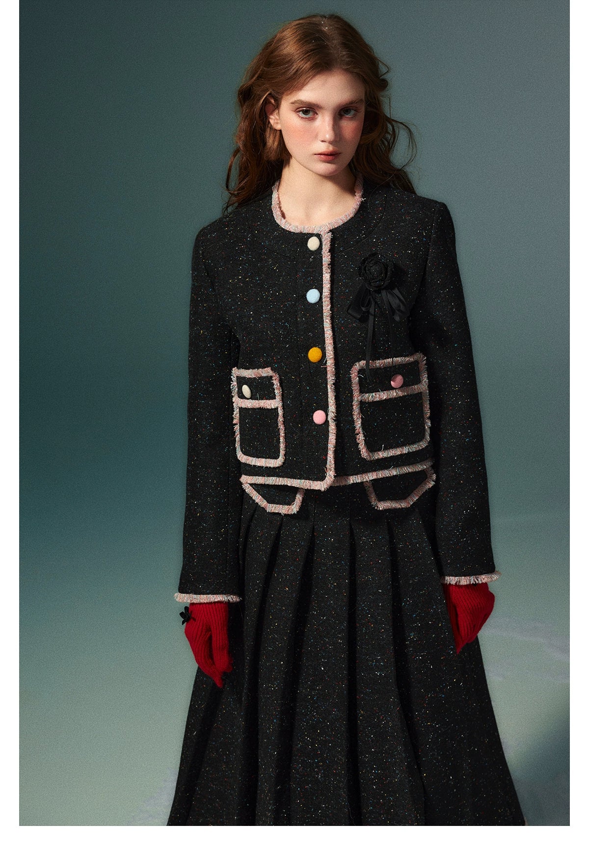 Buttoned Woolen Jacket &amp; Pleated Skirt Set - CHINASQUAD