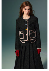 Black Fringed Woolen Jacket & Pleated Skirt Set - CHINASQUAD