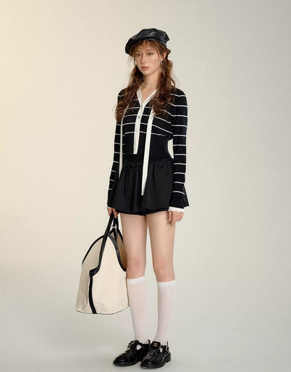 Black &amp; White Striped Ribbon Detail Cardigan