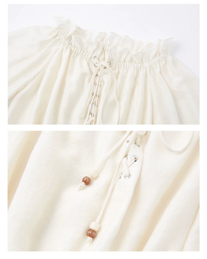 Off-Shoulder Lace-Up Lantern Sleeve Blouse