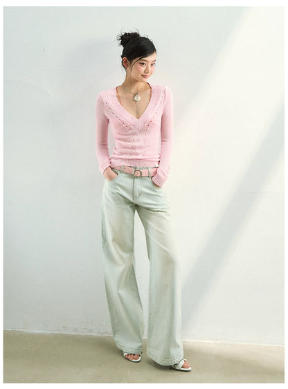 Distressed Openwork V-Neck Knit Top