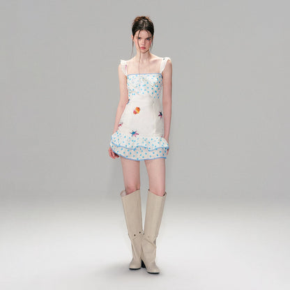 Vintage Contrast Print Flutter Strap Mini Dress