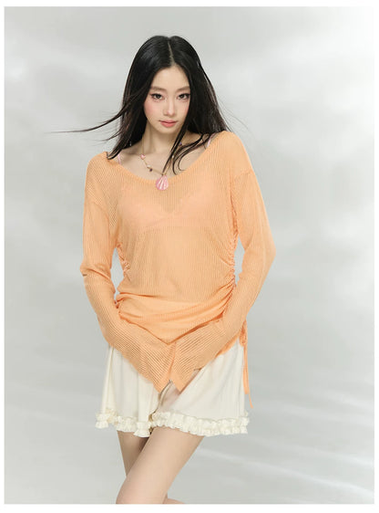 Sheer Textured Knit Open-Back Cover-Up Top