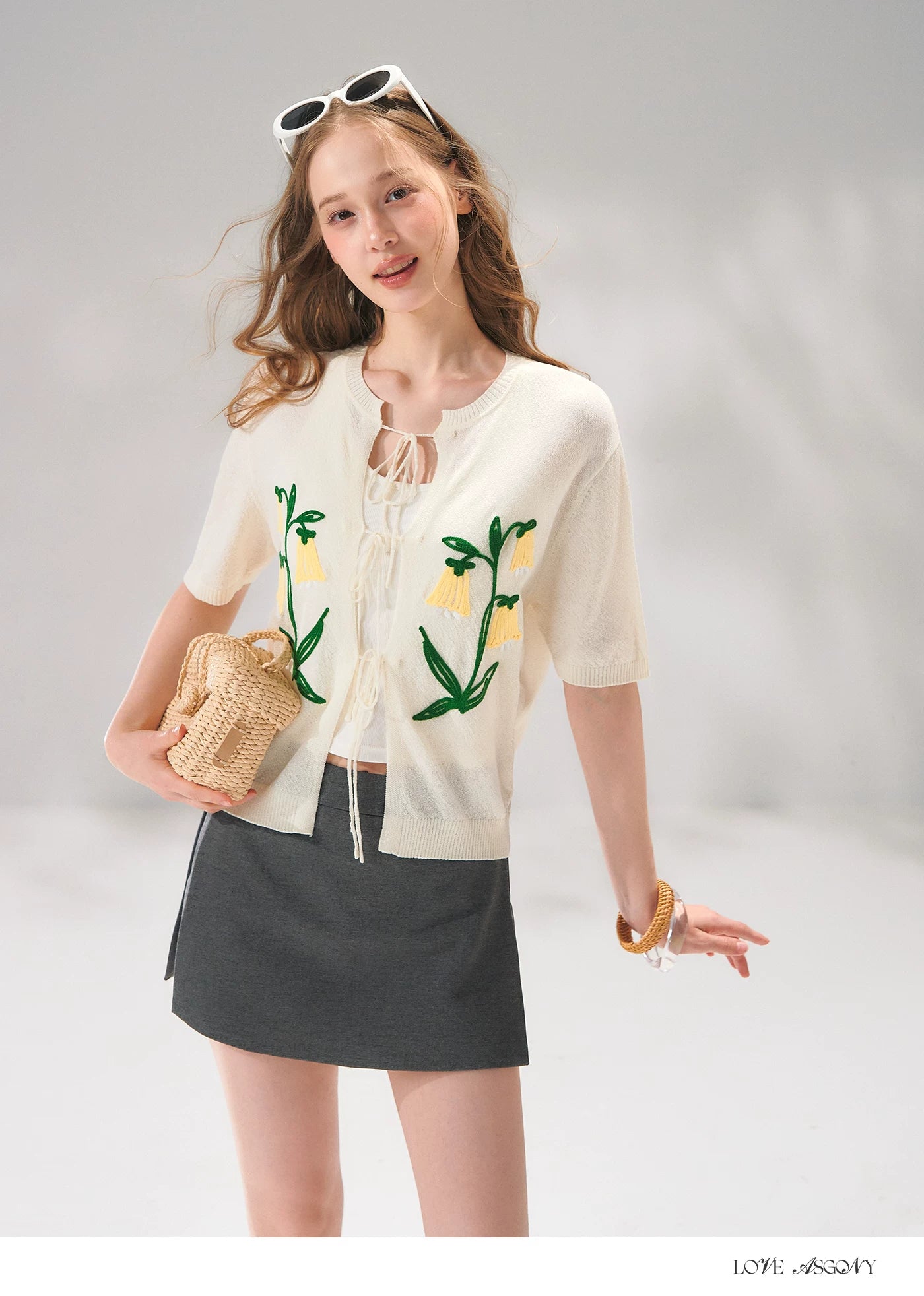 Floral Embroidered Tie-Front Knit Cardigan