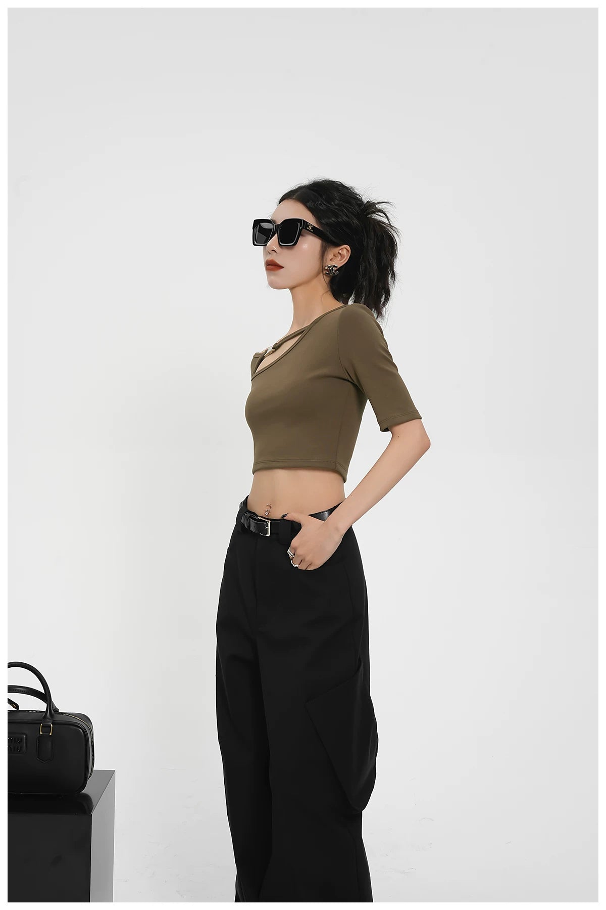 Asymmetric One-Shoulder Cropped Stretch T-Shirt