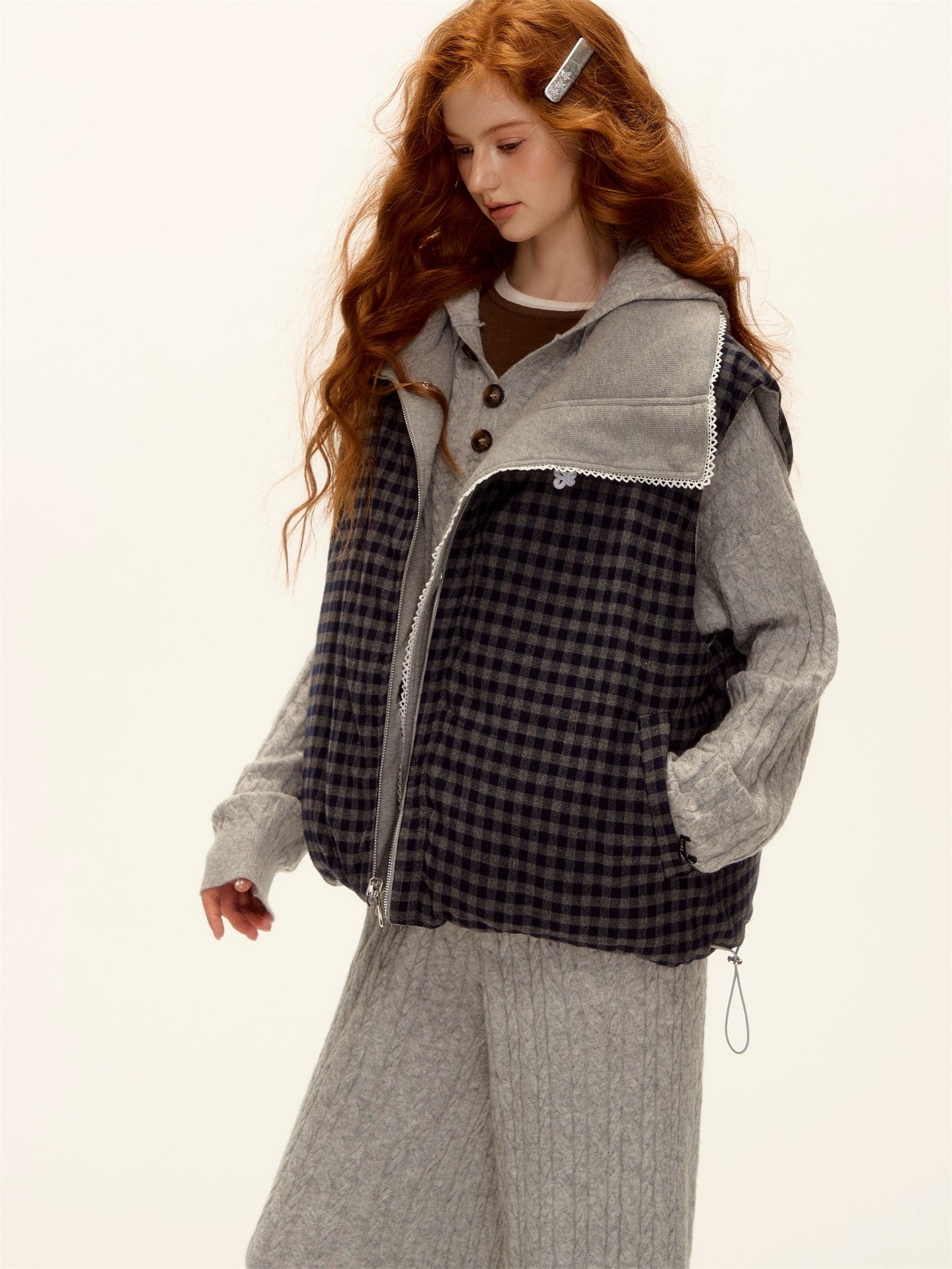 Reversible Plaid Lace-Trim Padded Vest