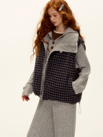 Reversible Plaid Lace-Trim Padded Vest