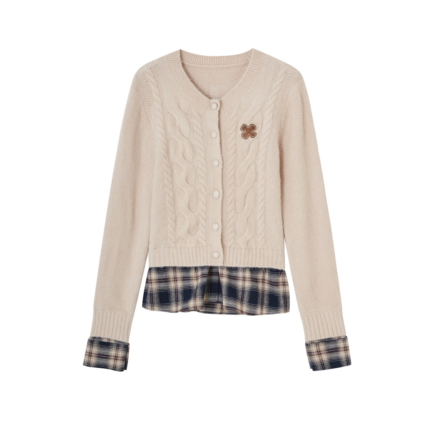 Layered Plaid Patchwork Cable Knit Cardigan