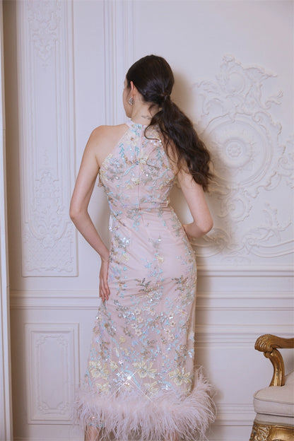 Pink Cheongsam Feather Embroidery Dress