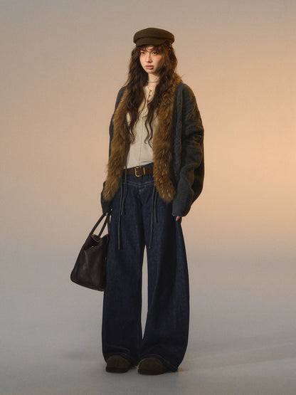 Tie-Detail Batwing Faux Fur Collar Sweater