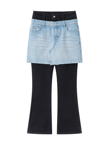 Color Block PatchworkFake Two-Piece Denim Flared Skirt Pants