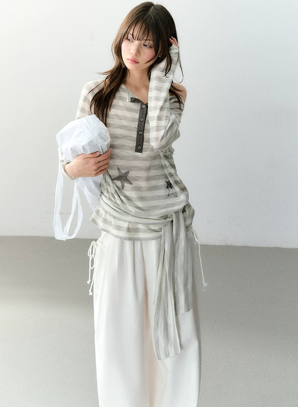 Star Print Off-Shoulder Striped Relaxed Knit Blouse
