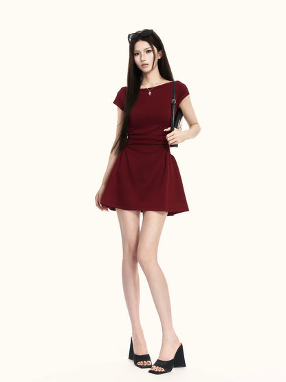 Sculpted Boat-Neck Waist-Defined Mini Dress
