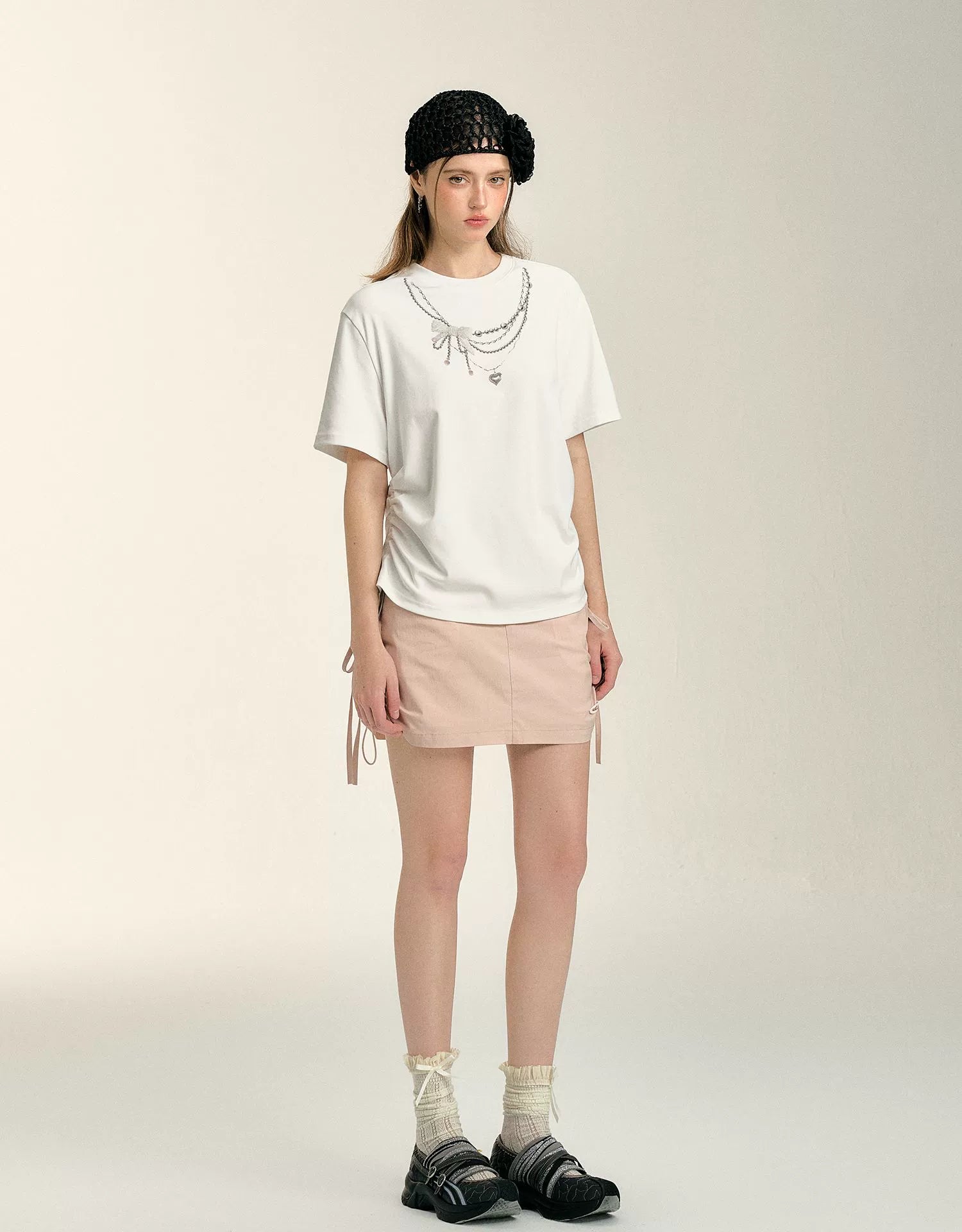 Pearl Necklace Print Drawstring T-shirt