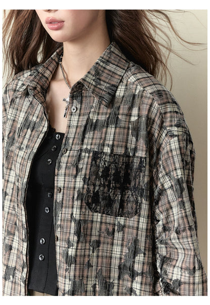 Color-blocked Plaid Long-sleeve Shirt Jacket