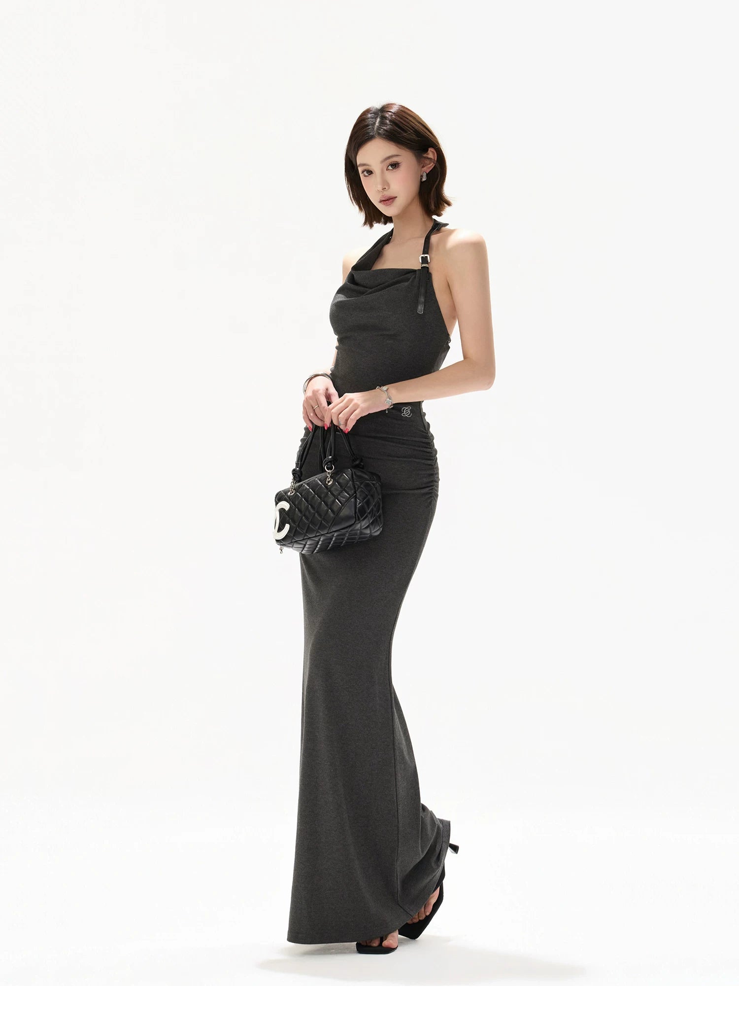 Elegant Draped Halter Knit Maxi Dress