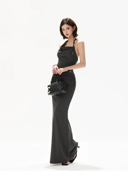 Elegant Draped Halter Knit Maxi Dress