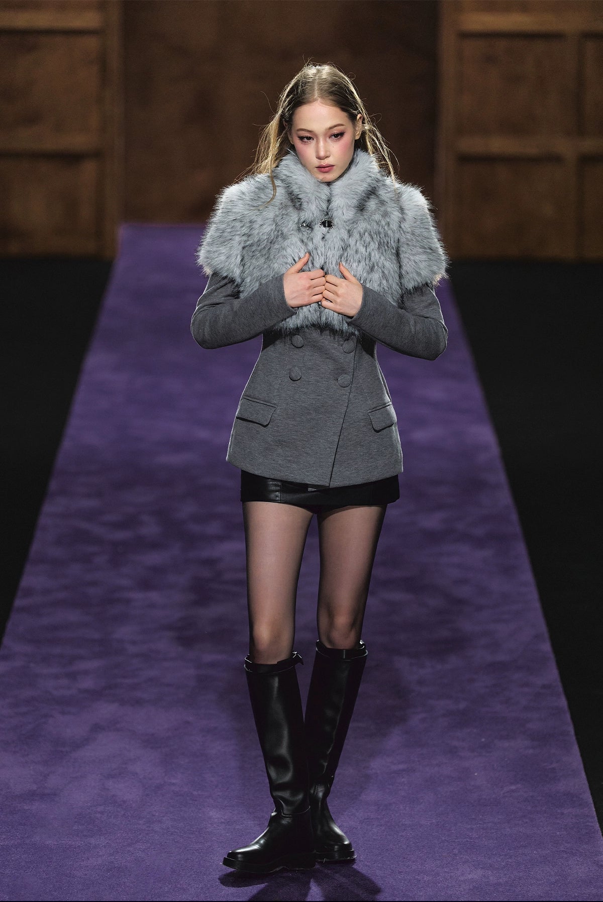 Faux Fur Collar Layered Double-Breasted Blazer Set