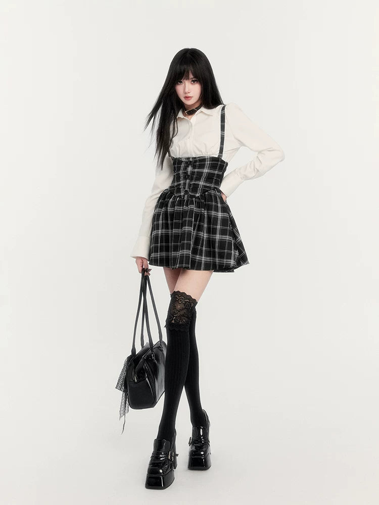 High-Waist Corset Plaid Suspender Skirt