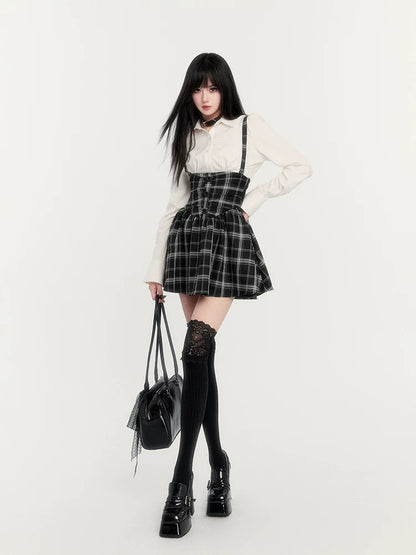High-Waist Corset Plaid Suspender Skirt