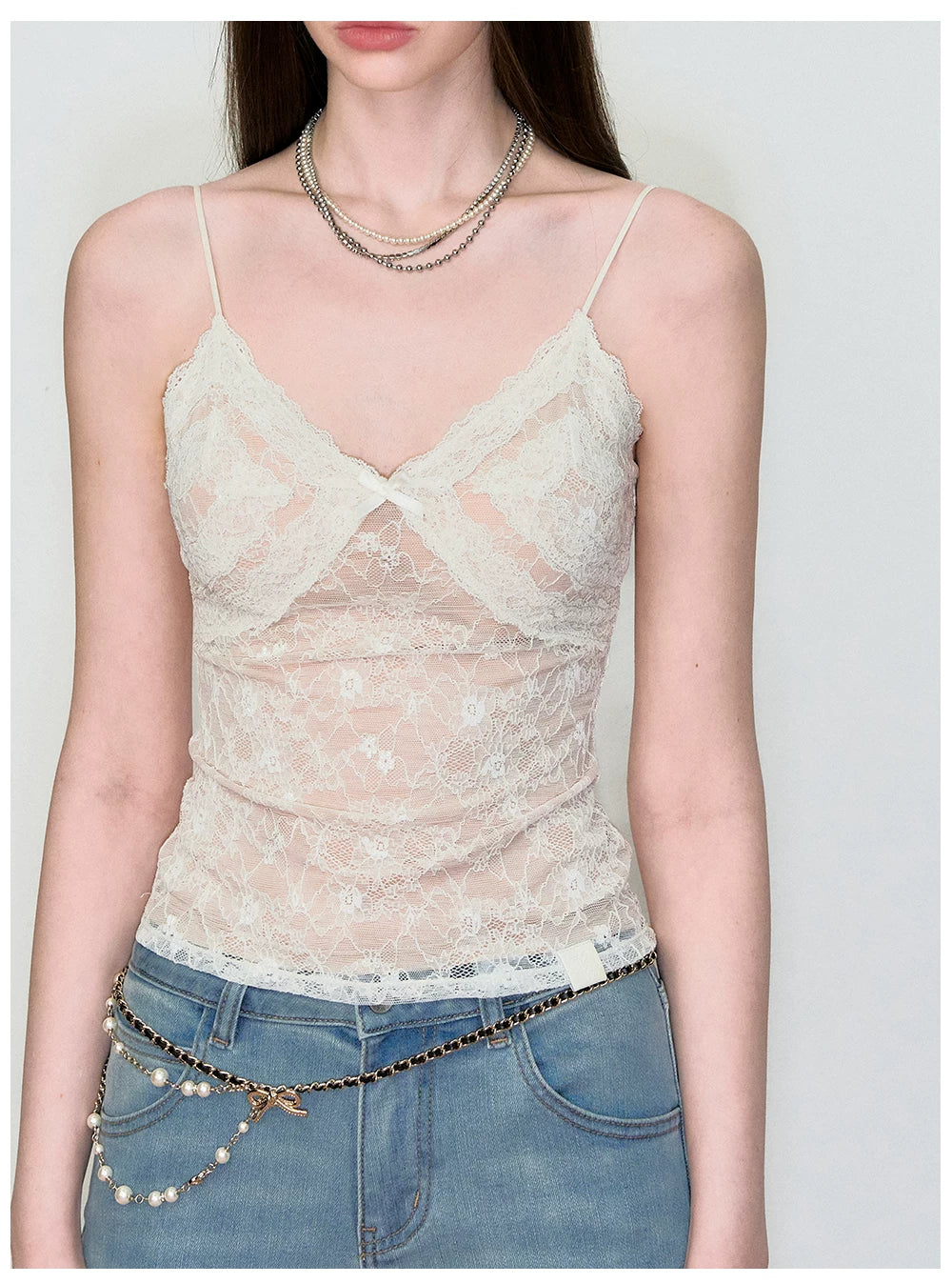 Lace Jacquard Bow Tie Camisole