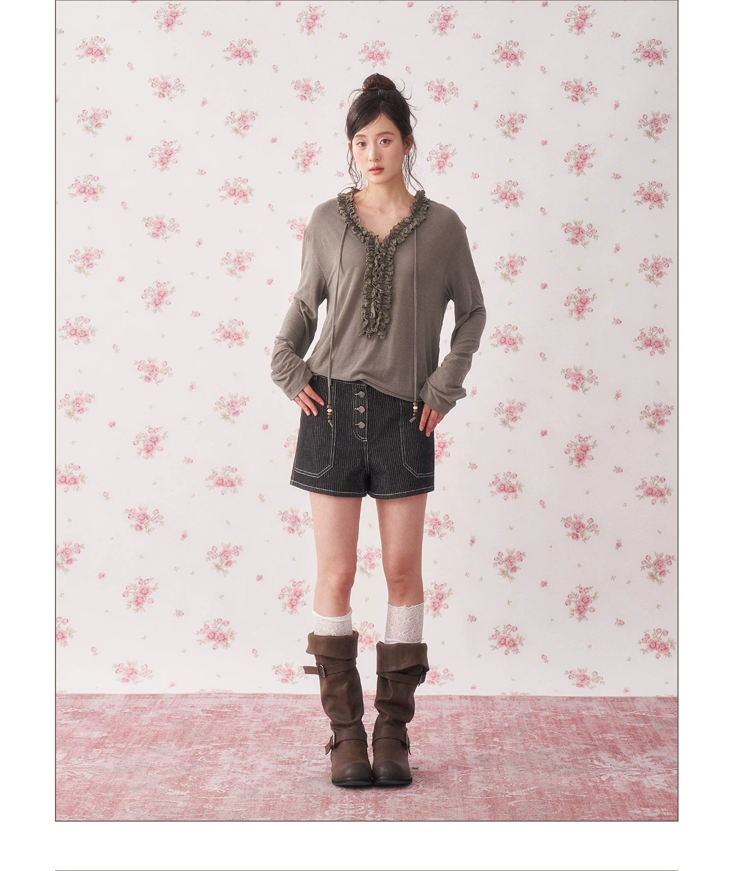 Ruffle Drawstring Sheer Knit Sun-Protective Long Sleeve Top