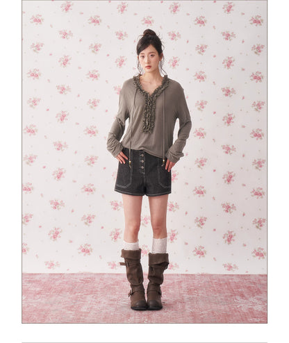 Ruffle Drawstring Sheer Knit Sun-Protective Long Sleeve Top