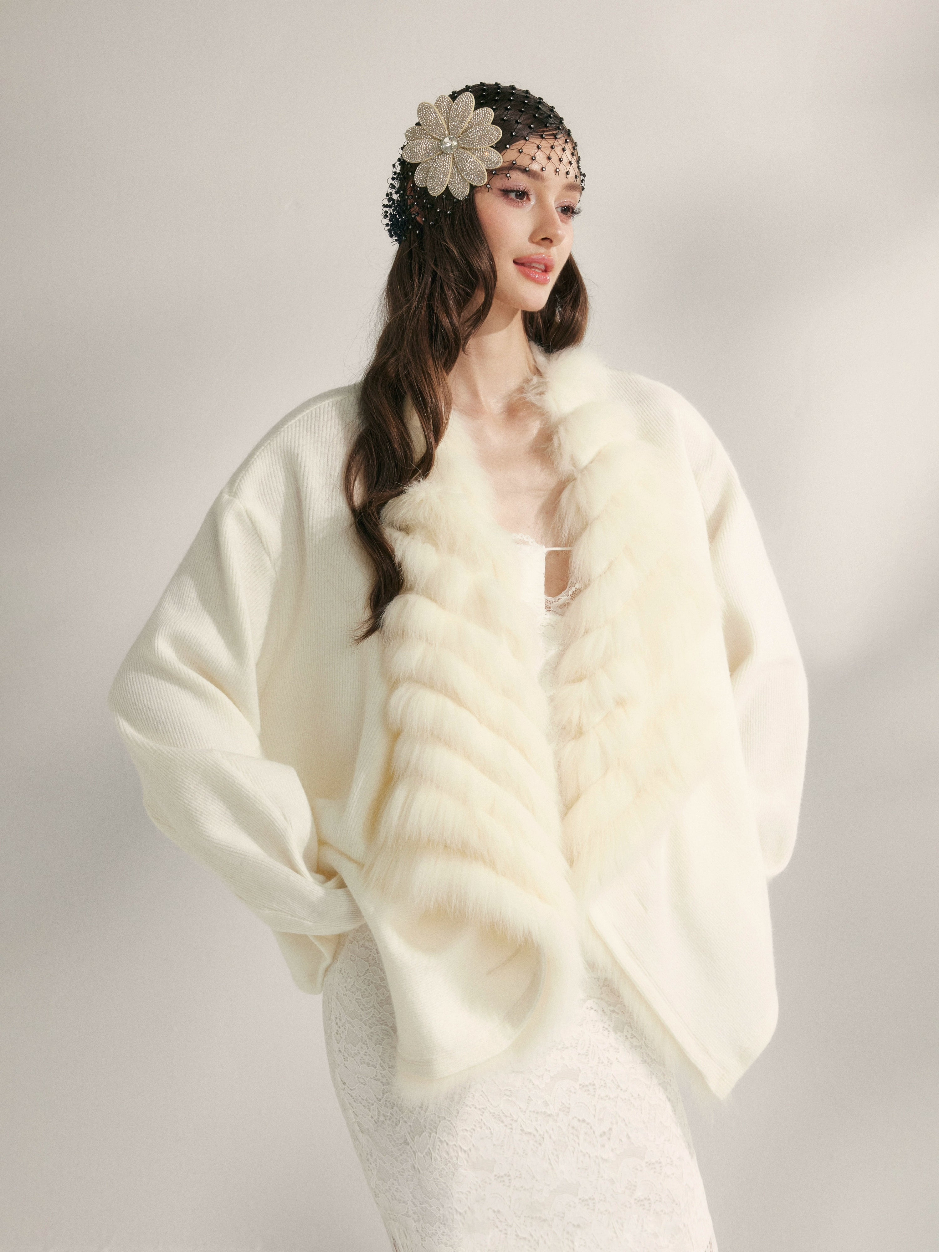 Fox Whisper Knit Fur Collar Cardigan Jacket