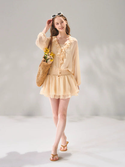 Beaded Ruffle-Trim Chiffon Mini Dress