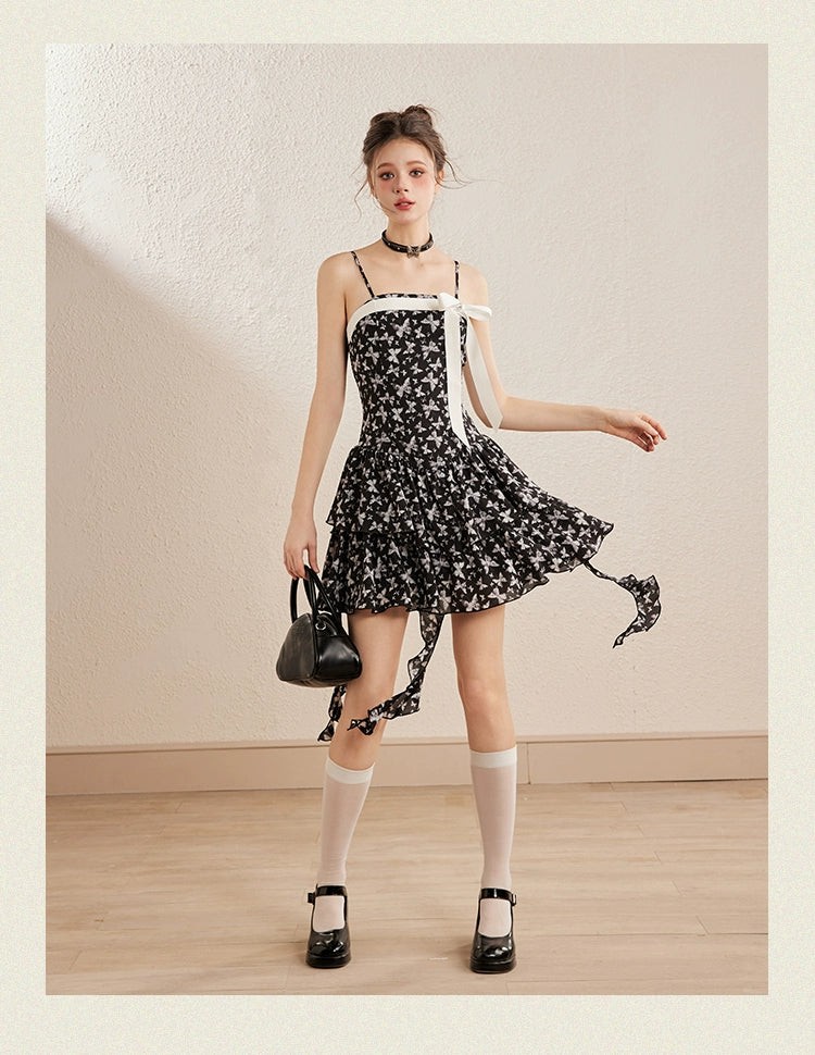 Black Butterfly Floral Spaghetti Strap Dress