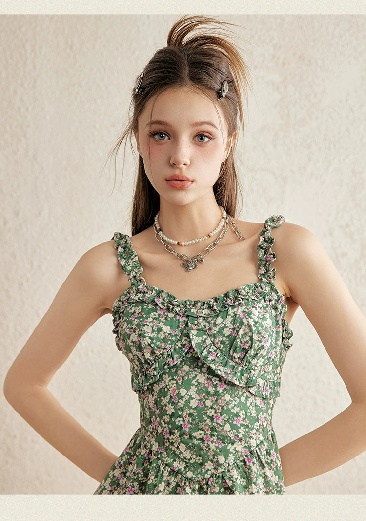 Green Floral Spaghetti Strap Dress