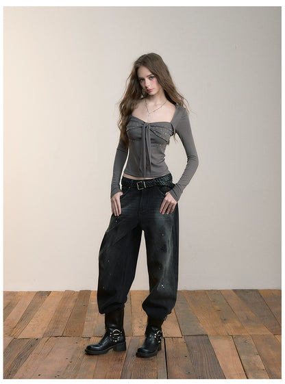 Heavy-Duty Distressed Wide-Leg Jeans - CHINASQUAD